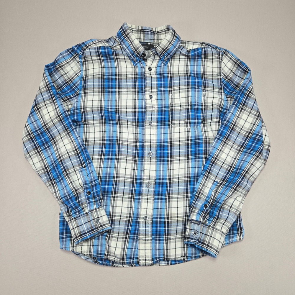 Diesel Flannel Shirt Blue Plaid Long Sleeve Button Down Cotton Casual‎ Men's M